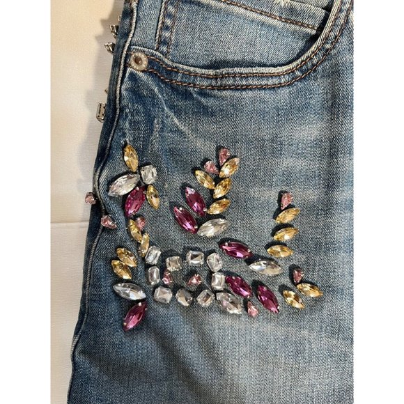 EXPRESS Bedazzled Gemstone Jean Mini Skirt Distressed Raw Hem Medium Light Sz 4 - Picture 5 of 16